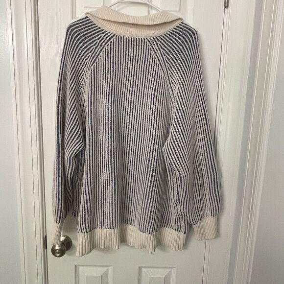 Aerie Striped Knit Collared Sweater Size Large Blue Cream Pullover - Picture 2 of 8